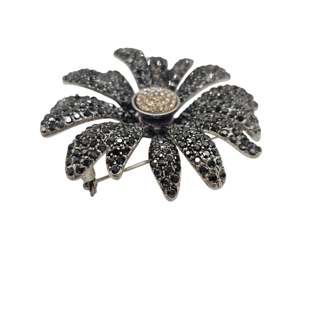 Floral‎ Rhinestone Brooch Pin Dark Silver Tone Daisy Statement 2.75" Sparkle - Picture 8 of 13